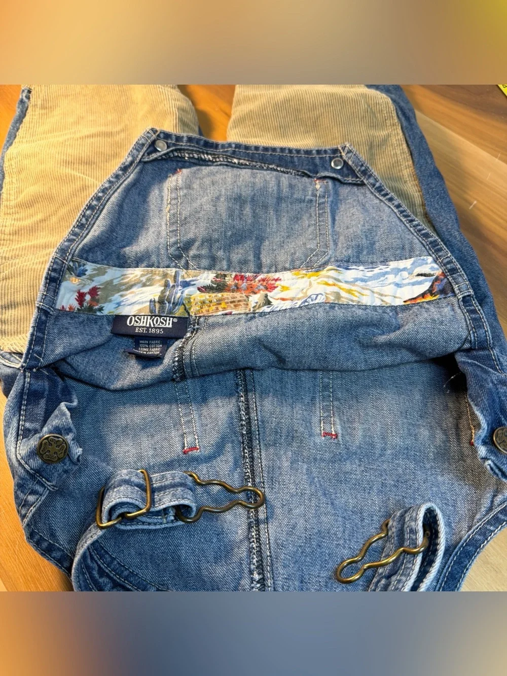 VTG 90s Oshkosh B’ Gosh Two Tone Blue Denim Beige Corduroy Overalls Sz 18 Month